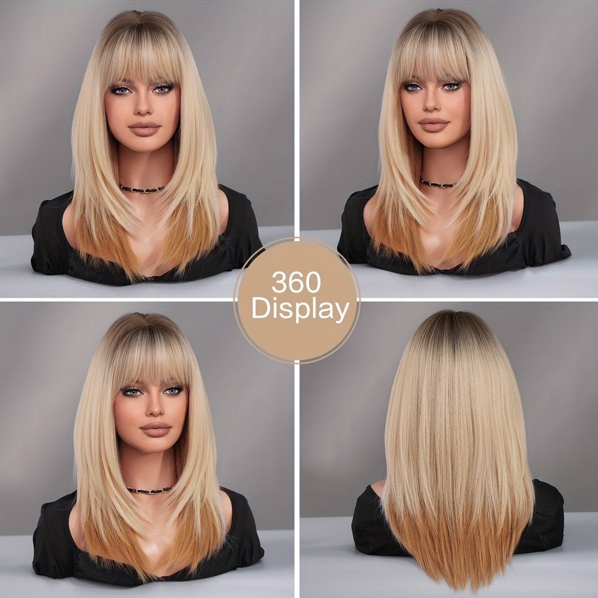 Shoulder Length Ombre Blonde Wig for Women Christmas Costume Cosplay High Density Synthetic Layered Straight Hair Wigs with Bangs Heat Resistant Fiber 20 Inch